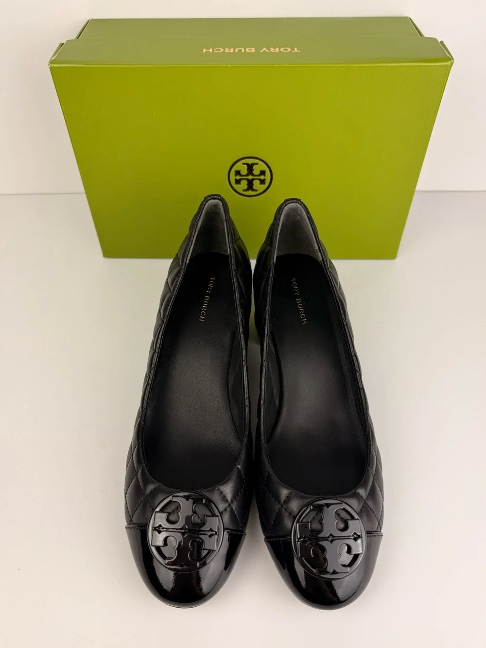 Tory Burch Chelsea 50mm Quilted Pumps Black Leather Patent Cap Toe Block Heels